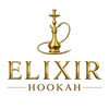 The logo for Elixir Hookah, featuring a gold-colored hookah illustration above the brand name 'ELIXIR' and 'HOOKAH' in gold serif lettering on a solid white background.